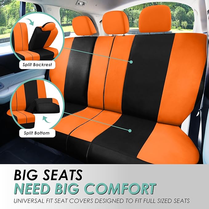 FH Group Car Seat Covers Rear Set Cloth - Universal Fit Automotive Seat Covers, Low Back Front Seat Covers, Solid Back Seat C