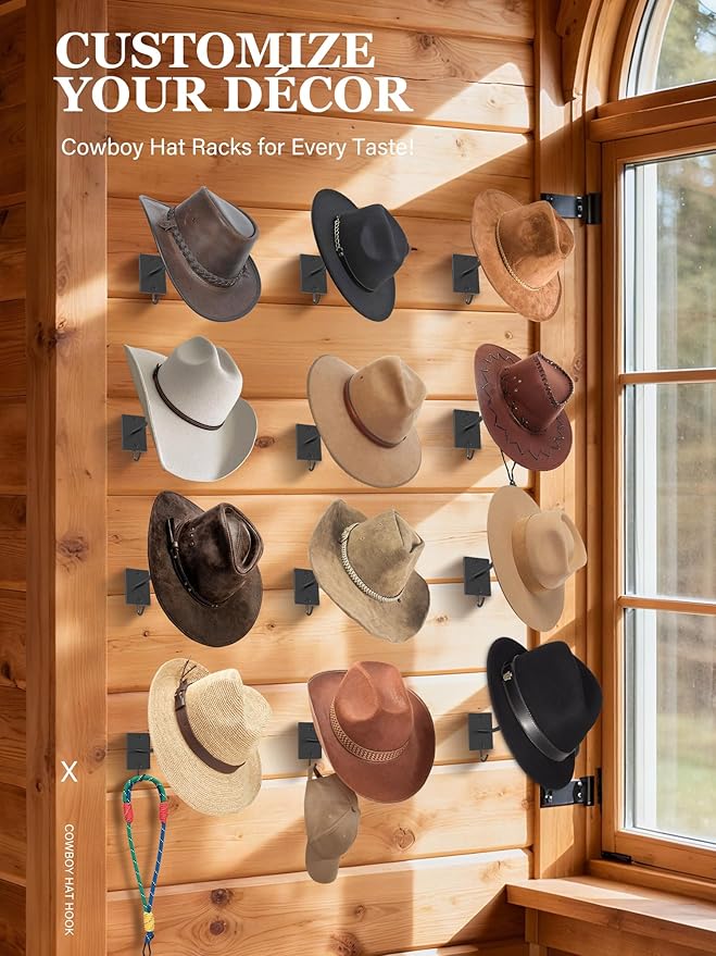 Cinati Cowboy Hat Rack for Wall 12 Pack, Cowboy Hat Holder Wall Mount, Western Rustic Metal Hats Hanger Hooks Organizer for F