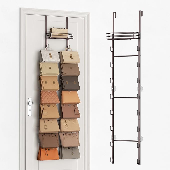 SWTYMIKI Over The Door Purse Organizer - Wall Mounted Handbag Organizer with 16 Hooks and Metal Basket, Hanging Purse Storage