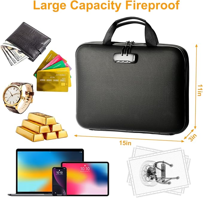 Fireproof Document Box with Lock, Portable Hard-Shell Case Fireproof File Box for Documents, Waterproof Document Box File Org