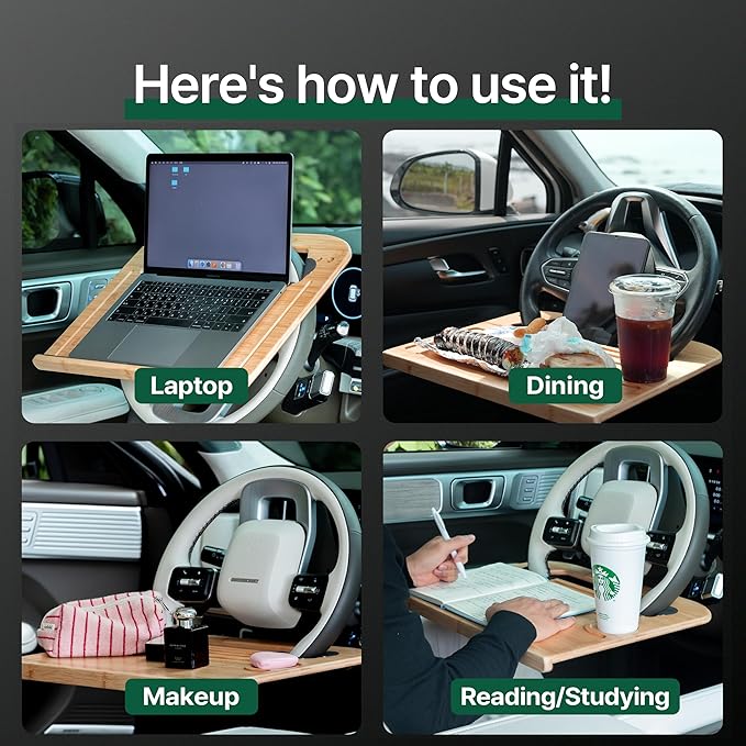 2 in 1 Steering Wheel Tray – Car Tray & Food Table – Car Essentials Double Sided Bamboo Car Desk for Laptop, Eating & Reading – Fits up to 17" Laptop