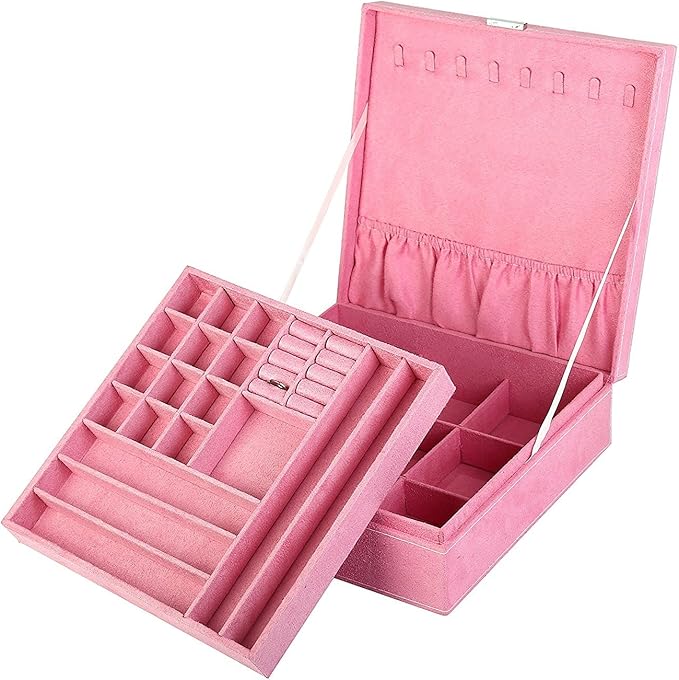 Two-Layer Jewelry Box Organizer Display Storage case with Lock (Pink)