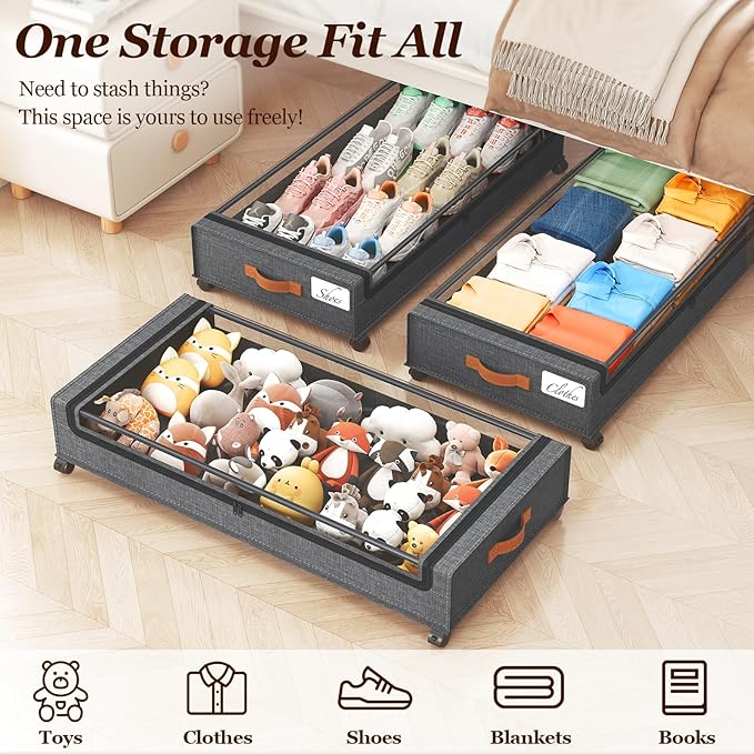 Yecaye 70L Under Bed Storage with Wheels, 3 Pack Larger Capacity Under Bed Storage Containers, Underbed Shoe Storage Organize