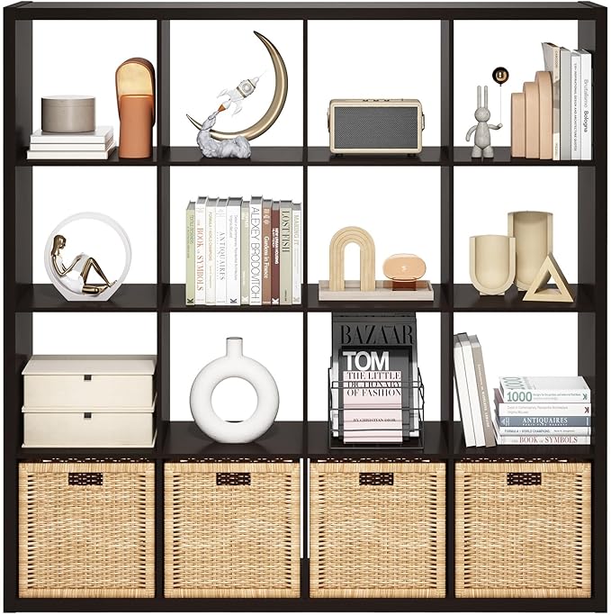 Furinno Cubicle Book Shelf, 16-Cube Bookshelf, Extra Thick Frame Reversible Bookcase with Open Back, 14.6" x 58" x 58", for L