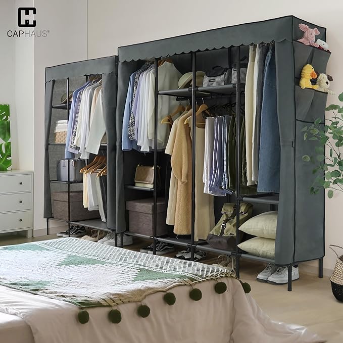 CAPHAUS 67-Inch Heavy-Duty Clothing Rack with Cover, 25MM Steel Tube Portable Closet Wardrobe, 520LB Capacity Metal Frame Clo