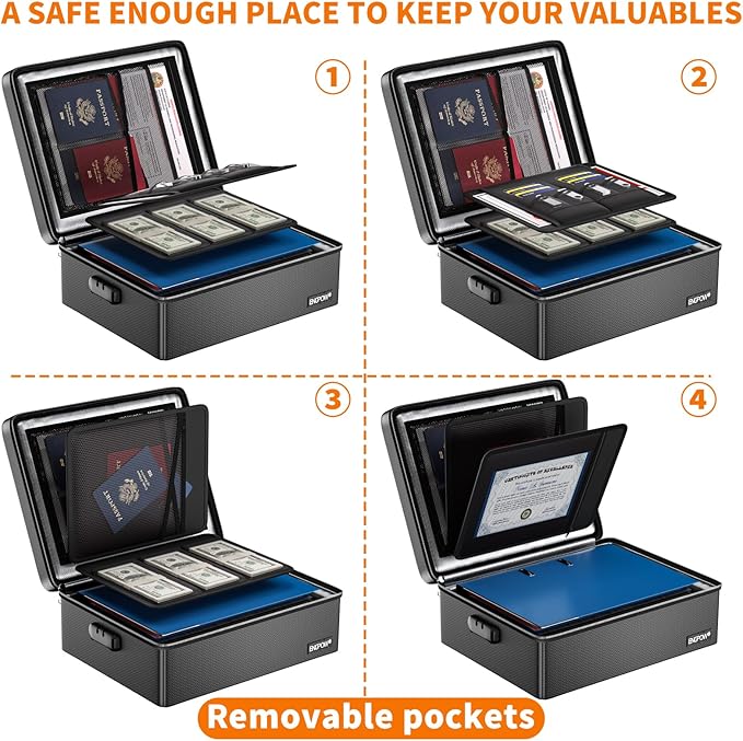 ENGPOW Fireproof Document Box, Hard Case File Box with Fireproof Zipper＆Lock, 6400°F Heat Insulated Fire and Water Resistant 