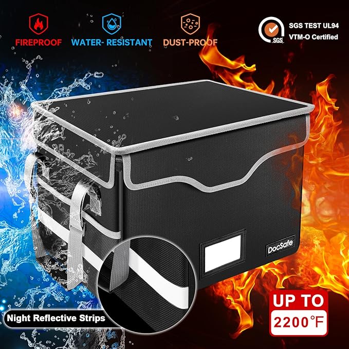 DocSafe Fireproof Document Box with Lock, File Storage Organizer with Mesh Pockets, Collapsible Portable File Box Home Office