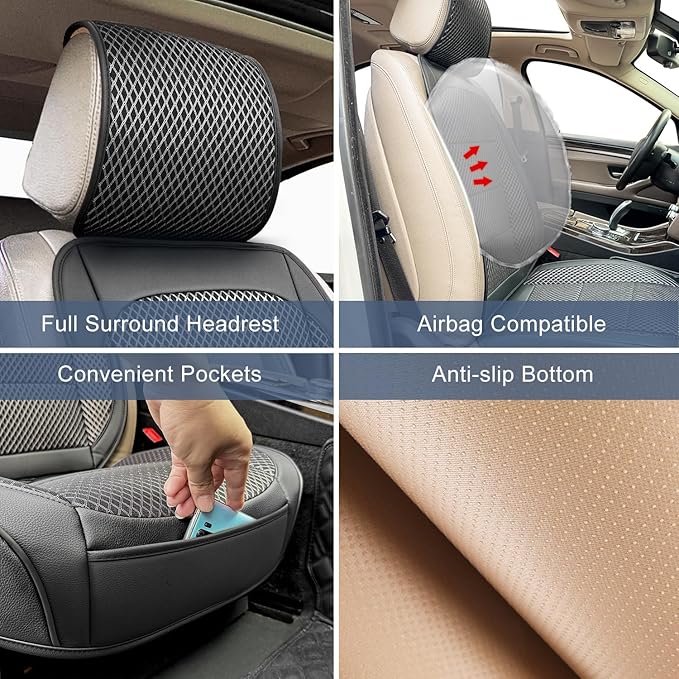 1 Pack Ventilated Cooling Car Seat Cover for Summer, 3D Air Mesh Breathable Leather Front Seat Protector with Storage Pocket,