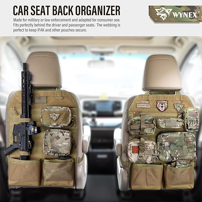 WYNEX Car Seat Organizer, Molle Backseat Cover Organizer Protector with Sling Rack, Visual Pocket and Patch, Universal Vehicle Fits for F150, Jeeps, Pickups & Trucks for Road Trips