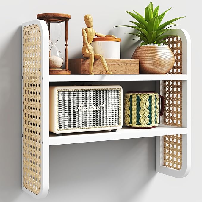 2-Tier Rattan Shelf, White Rattan Bookshelf Wall Mounted, Handmade Woven Display Shelf, Decorative Boho Shelves for Entryway,