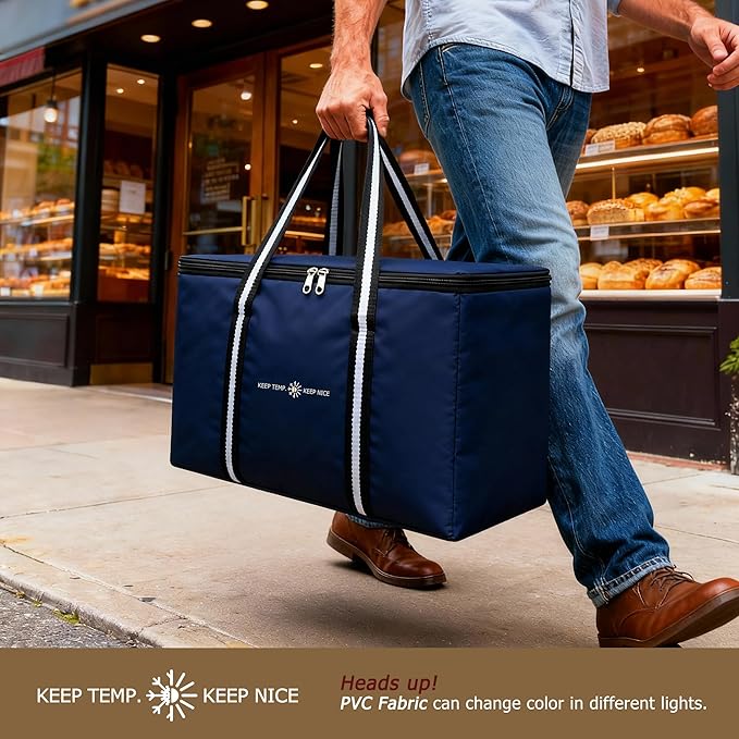 Insulated Food Delivery Bag, Large Durable Reusable Shopping Grocery Bag with Zipper – Foldable Thermal Cooler Bag for Hot & Cold Food, Pizza Delivery & Catering