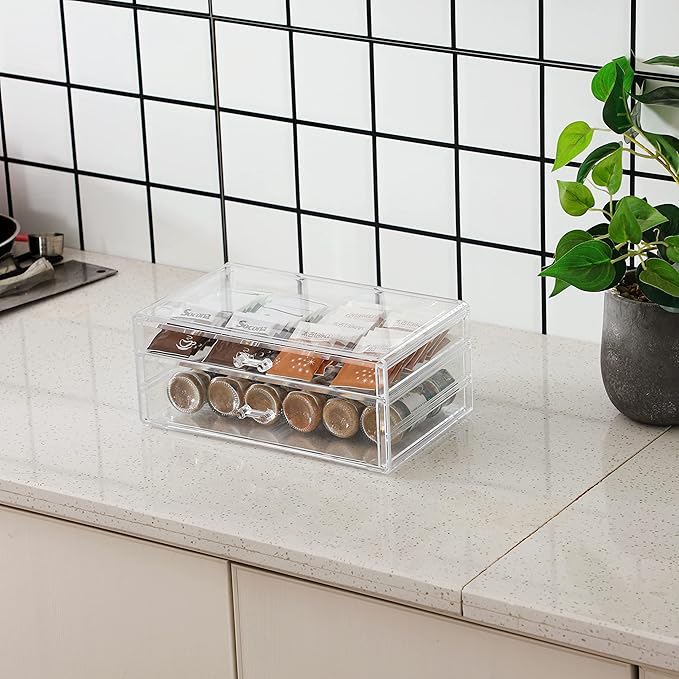 Cq acrylic Clear acrylic organizers Countertop,2 Large Drawers stackable storage bins,clear storage bins for Vanity Jewelry,H