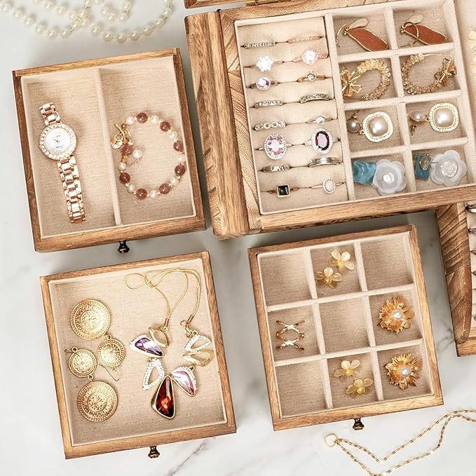 Poyilooo Jewelry Box Organizer, Solid Wood Jewelry Boxes fow Women with Mirror, Double Layer Jewelry Organizer Box Display Ea