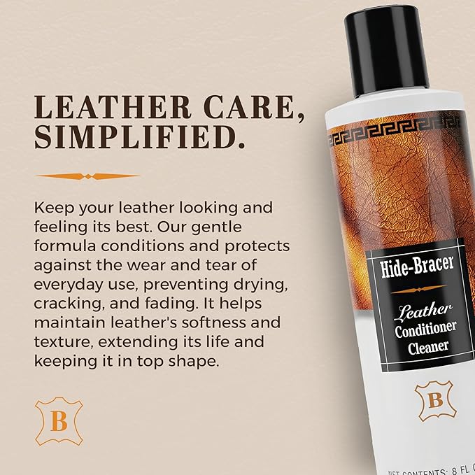 Hide Bracer Leather Cleaner and Conditioner 8 Fl oz | Cleans, Conditions, Protects | Prevents Drying, Cracking & UV Fading of