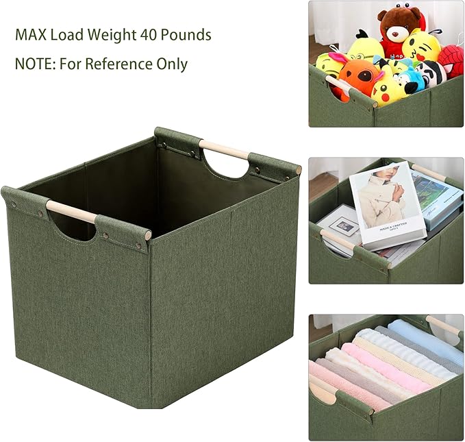 HOONEX Large Collapsible Storage Bins, Linen Fabric, Pack of 2, Storage Baskets with Wooden Carry Handles and Sturdy Heavy Ca