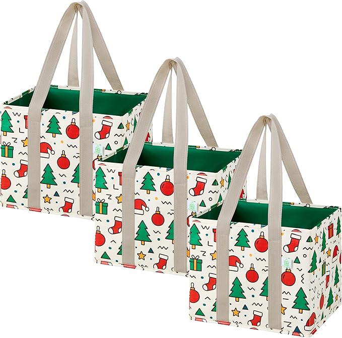 VENO 3 Pack Christmas Reusable Grocery Bags, Shopping Bags for Groceries, Tote with Handles and Hard Bottom, Foldable Shopping Cart Organizer, Water Resistant, Heavy-Duty (Jingle Mix, 6 Gallon)