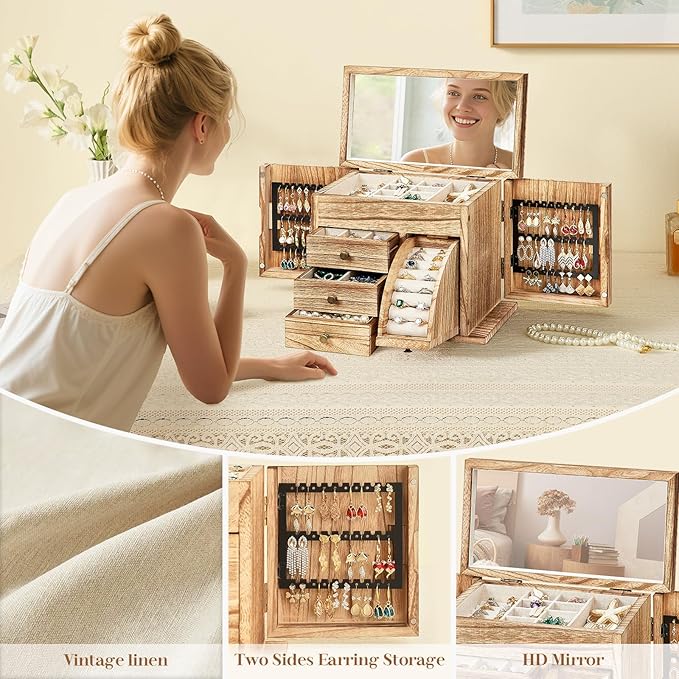 Poyilooo Jewelry Box Organizer, Solid Wood Jewelry Boxes fow Women with Mirror, Double Layer Jewelry Organizer Box Display Ea