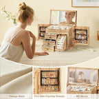 Poyilooo Jewelry Box Organizer, Solid Wood Jewelry Boxes fow Women with Mirror, Double Layer Jewelry Organizer Box Display Ea