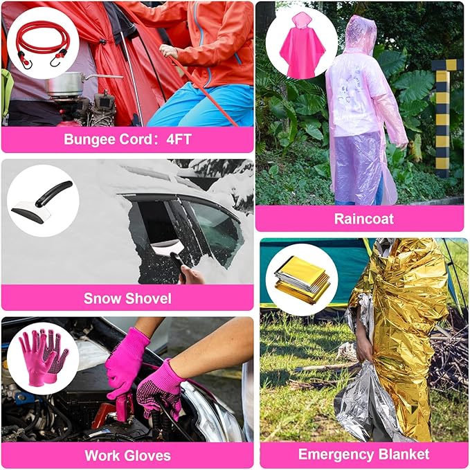 Roadside Emergency Car kit for Vehicles, with 4 in 1 Inflatable Car Vacuum Cleaner, Pink Jumper Cables, First Aid Kit, Tow Ro