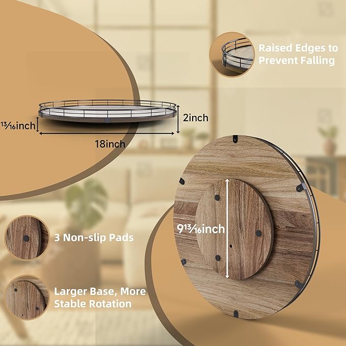 Acacia Wood 18" Lazy Susan Turntable Organizer for Table Top, Farmhouse Large Round Lazy Susan for Cabinet Kitchen Centerpiec