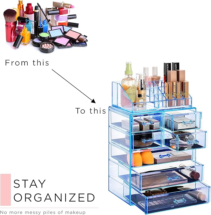 Sorbus Acrylic Makeup Organizer Set, 7-Drawer Vanity & Countertop Cosmetic Storage with Small & Wide Compartments, Blue Brill