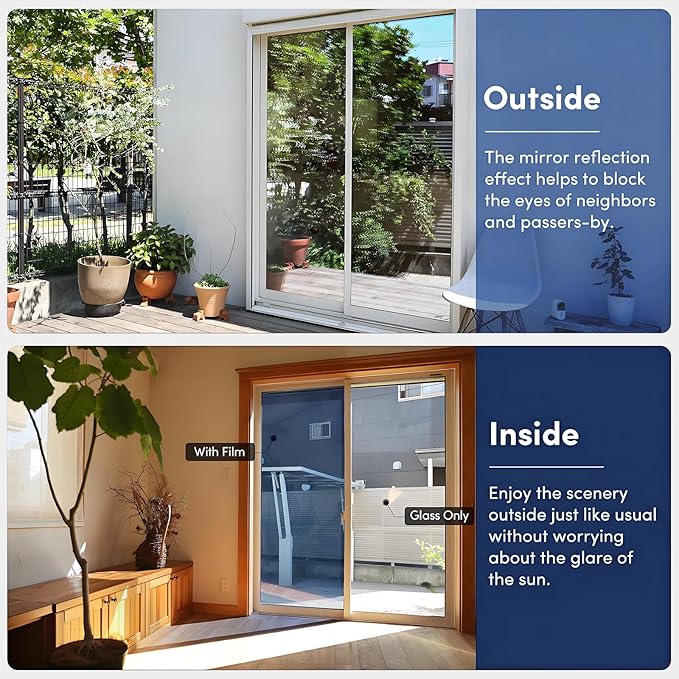 Coavas One Way Privacy Window Film, Sun Blocking Reflective Window Film See Out Not in, Heat Control Window Tint for Home, Anti UV Static Cling for Windows Glass Door (Blue, 29.5 x 78.7 inches)