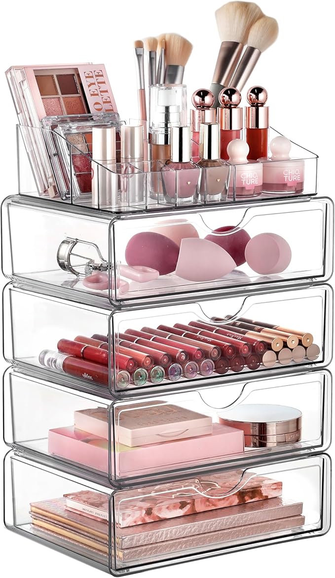 Vtopmart 5 Tier Clear Makeup Organizer with Drawer, Cosmetic Storage for Dresser Countertop and Bathroom Vanity, Beauty Holde