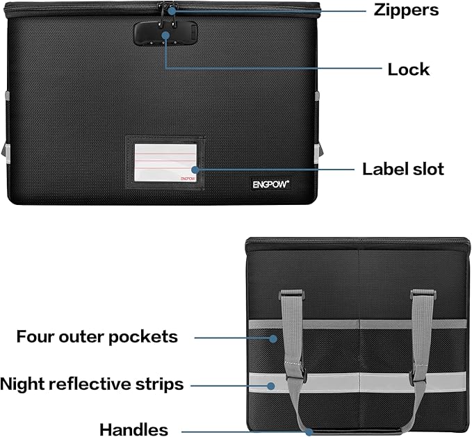 ENGPOW File Box with Lock,Fireproof Document Box with Zipper＆Pockets,Collapsible File Organizer Filing Storage Cabinet with H