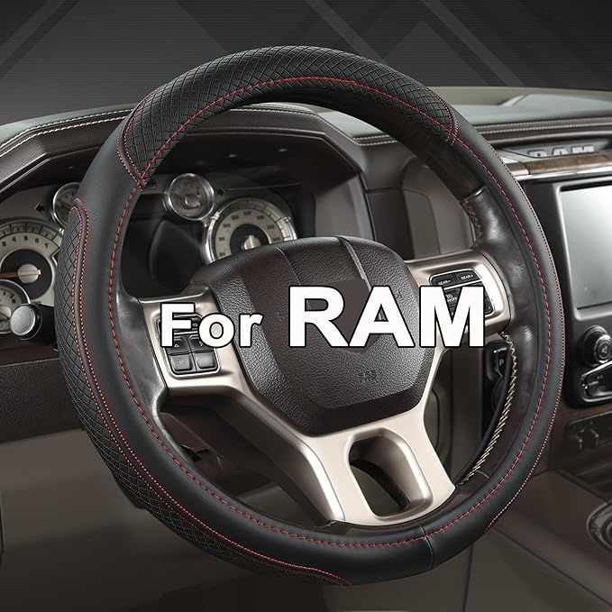 West Llama Customized Auto Car Steering Wheel Cover for Dodge RAM 1500 2500 3500, 15.5-16 inch(Black+Red Line-Large Size)