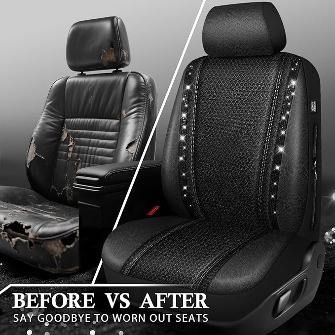 CAR PASS Memory Foam Mesh Bling Diamond Car Seat Cover 2 Front Seats Breathable Soft Sponge Universal Shining Glitter Sparkly Crystal Fit Armrest Automotive Truck SUV Cute Women Girl, Black Rhinestone