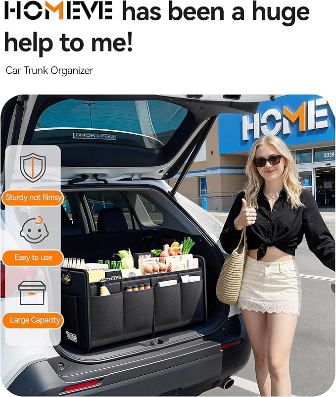 Homeve Trunk Organizer, Car Storage, Reinforced Handles, Collapsible Multi-Compartment, Foldable, Waterproof, Sturdy, 600D Oxford Polyester For Car, SUV, Mini-Van, Black, 2 Compart