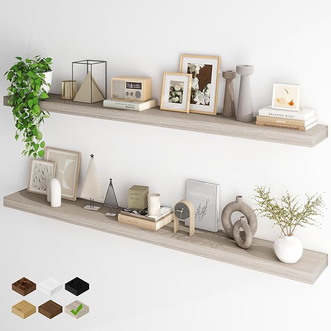 Fun Memories 66 Inch Fireplace Mantel - Long Floating Shelf, Wall Mounted Farmhouse Display with Invisible Heavy Duty Metal B