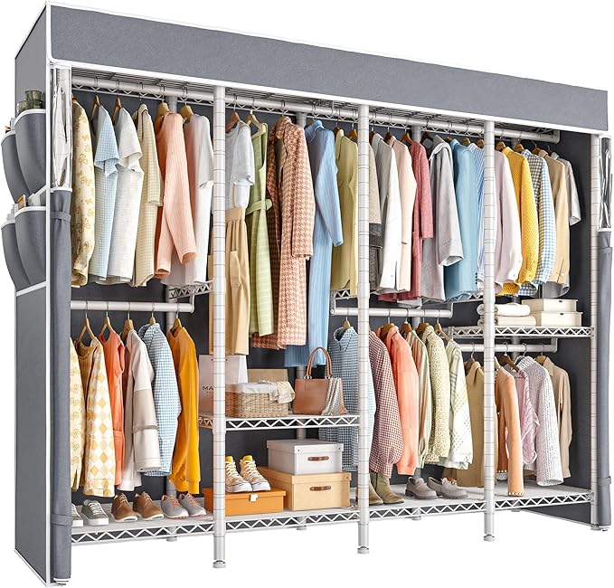Raybee Clothes Rack with Cover,1150LBS Heavy Duty Clothing Rack for Hanging Clothes,Adjustable Portable,18" D x 76" W x 77" H