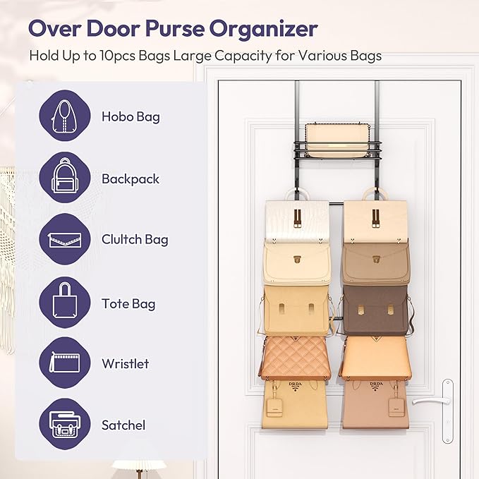SWTYMIKI Over The Door Purse Organizer - Wall Mounted Handbag Organizer with 10 Hooks and Metal Basket, Hanging Purse Storage