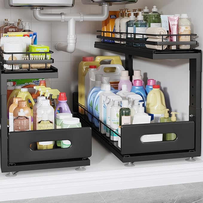 Under Sink Organizer Upgrade To Professional Rails,2-Tier Dual Pull Out Cabinet Storage,Height Adjustable Slide Out Drawers F