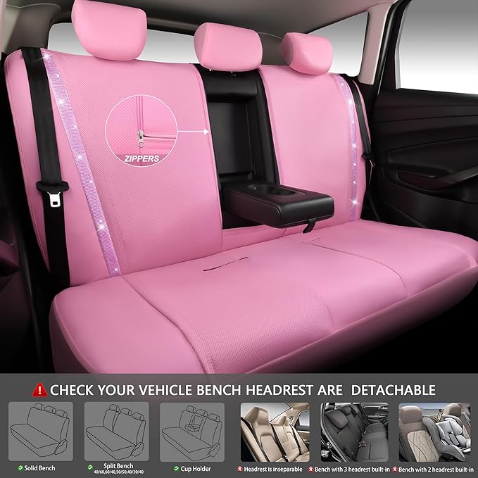 CAR PASS Bling Diamond Car Seat Covers Full Set, Shining Rhinestone Waterproof Faux Leather, Rear with Zipper, Universal Fit Automotive Glitter Crystal Sparkle Strips for Cute Women Girl, Pink