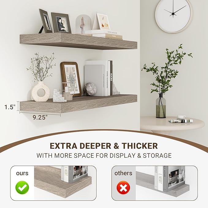 24 Inch Floating Shelves, 3D Textured Wood Grain, 24"x9.25"x1.5" Inch Deep Floating Shelves for Wall, Wooden Shelves for Bath