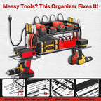 Garage Tool Organizer with Charging Station & Power Strip - 4 Drill Holder Wall Mount Rack, Heavy Duty Metal Shelf for Worksh