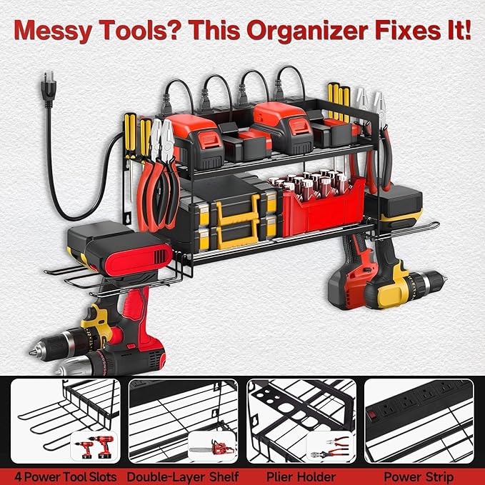 Garage Tool Organizer with Charging Station & Power Strip - 4 Drill Holder Wall Mount Rack, Heavy Duty Metal Shelf for Worksh