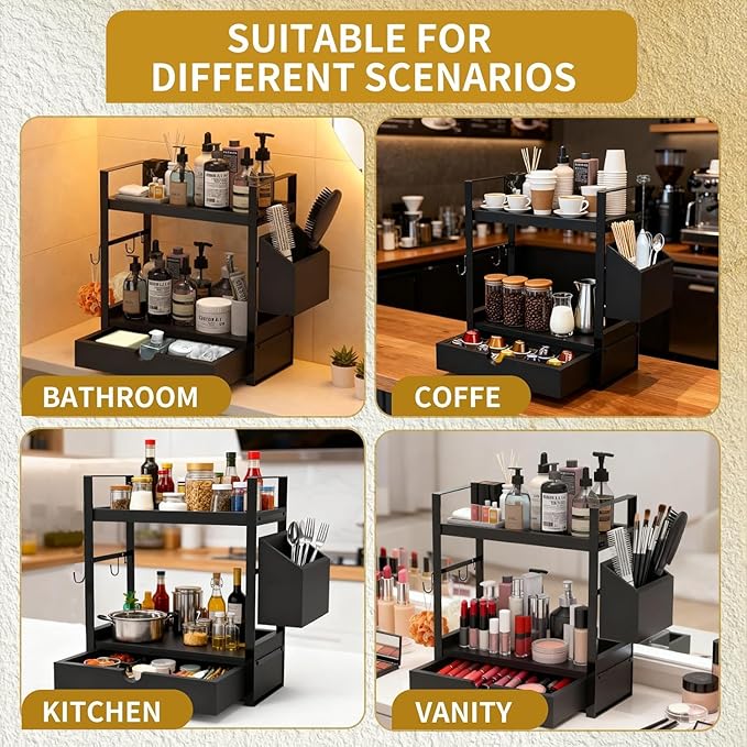 2-Tired Bathroom Counter Organizers and Storage, Coffee Bar Organizer with Drawer, Solid Wood Skincare Perfume Organizer for 
