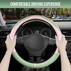 PIC AUTO Steering Wheel Cover, Pink Patterned & Green Leather Patchwork Design, Universal Fit 14.5"–15.5", Anti-Slip, Odor-Fr