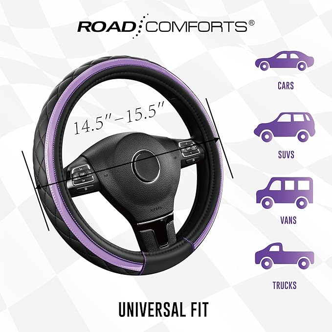 Road Comforts Leather Steering Wheel Cover – Black & Purple, Universal Fit 14.5-15 Inch, Microfiber Leather, Anti-Slip & Brea