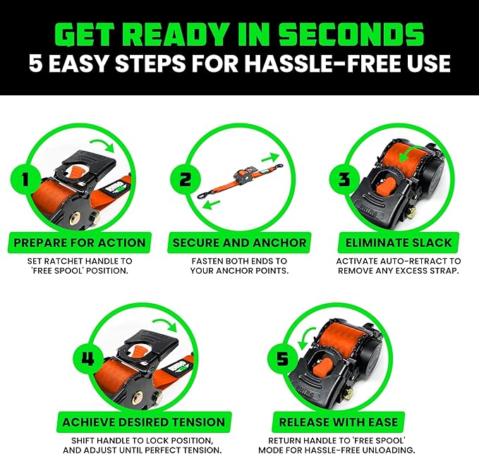 Rhino USA Retractable Ratchet Straps (2-Pack) - 2 Inch x 10 Feet (3,033lb Break Strength) - Heavy Duty Auto Self Retracting Tie Down Straps for Truck, Cargo Trailer, Motorcycle, Rad & More - Orange