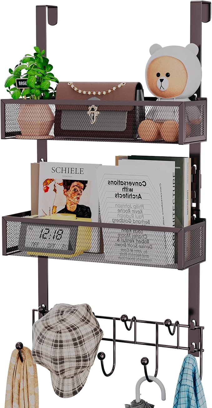 HapiRm Over The Door Hanger with Coat Hooks and 2 Baskets, Rustproof & Waterproof Over The Door Hooks, Storage Organizer for 