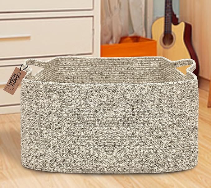 COMFY-HOMI Large Rectangular Blanket Basket, Woven Cotton Rope Baskets for Storage, Laundry Hamper Basket, Storage Bin,Toy Or