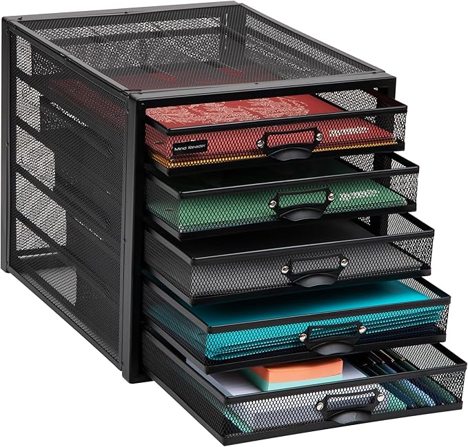 Mind Reader File Storage Drawers, Desk Organizer, Multi-Purpose, Crafts, Office, Metal Mesh, 11"L x 14"W x 11"H, Black, 5 Dra
