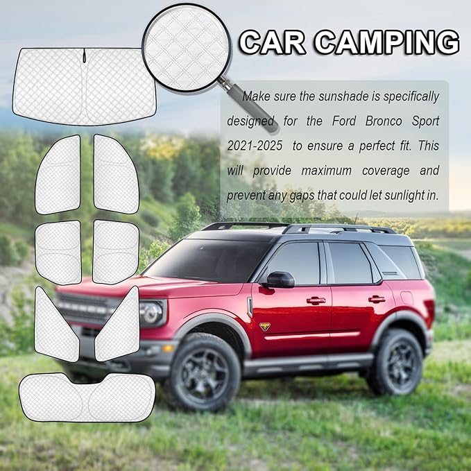 KMF 8pcs Thicken Sun Shades for Ford Bronco Sport 2021-2025 2026 Accessories, Custom Fit Full Car Window Covers Sunshade for Windshield Side Rear, UV Block and Blackout Privacy for Camping Outdoor