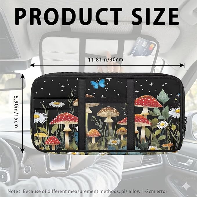 Mushroom Theme Sun Visor Organizer for Trucks,Card Sleeve Pocket with Multi-Pocket Zipper, Auto Interior Accessories Pocket Organizer