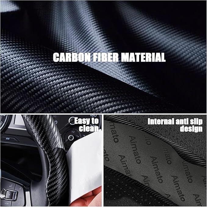 3 Piece Carbon Fiber Steering Wheel Cover,Car Steering Wheel Protector with Non-Slip Lining,Breathable Microfiber Universal for 14.5-15 inch,Black