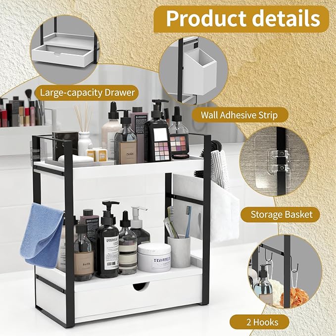 2-Tired Bathroom Counter Organizers and Storage, Bathroom Countertop Organizer with Drawer, Solid Wood Skincare Perfume Organ